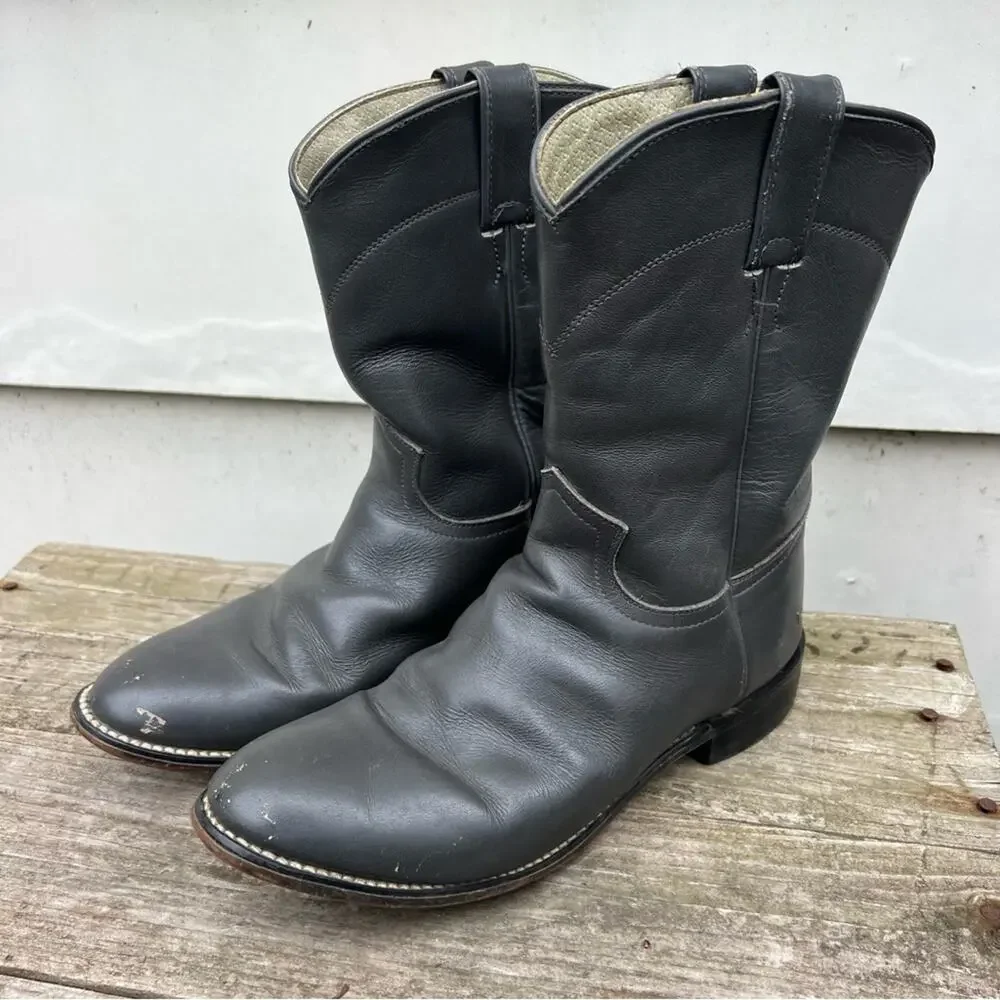 Vintage 90s Justin Gray Roper Pull On Boots Cowboy Cowgirl Western Youth 5D